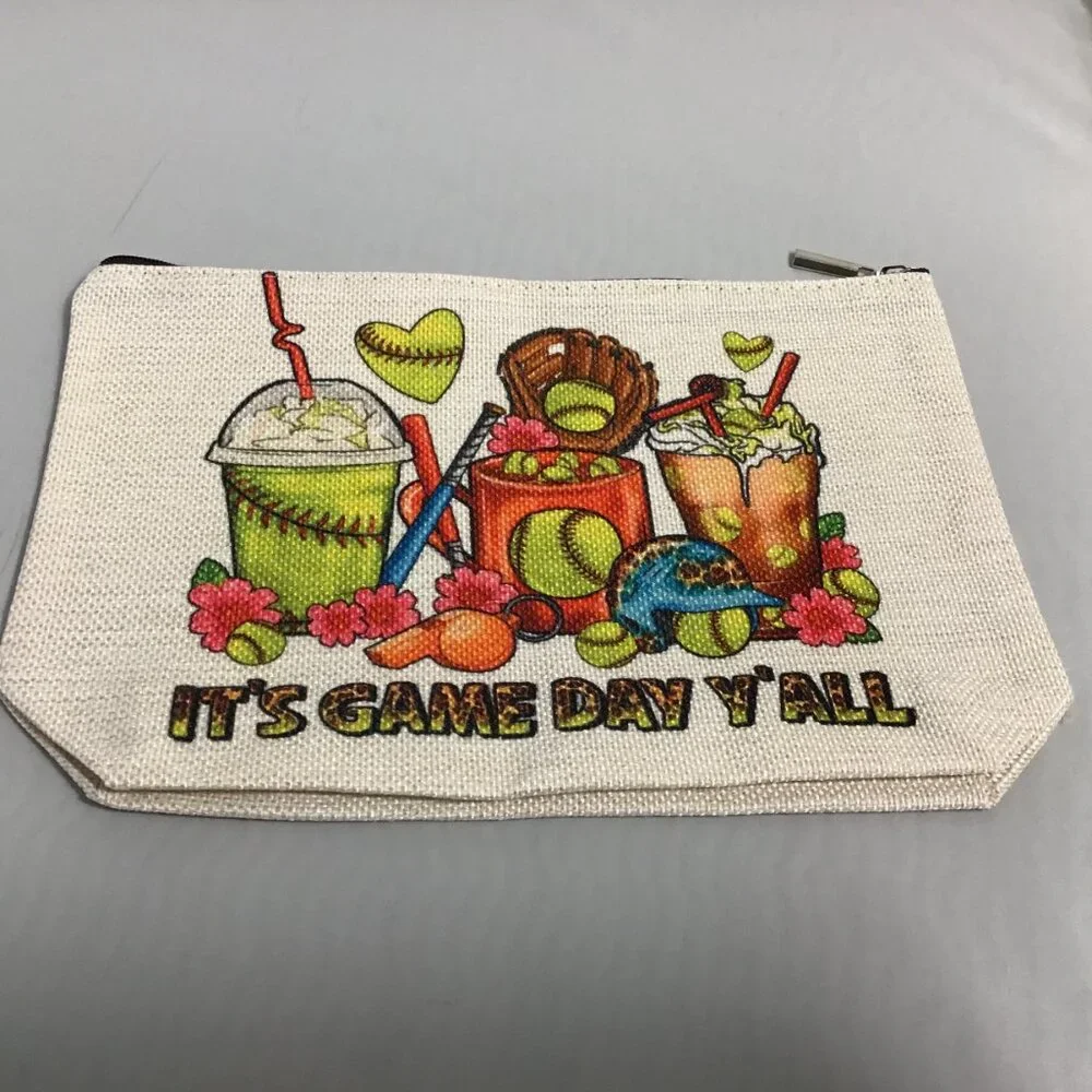 Women Canvas Cosmetic Bag, Girl Accessories Game Day Softball Pouch Organizer